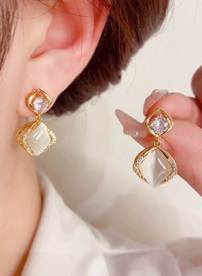 Women's Gold-Plated Drop Earrings, Cat's Eye & Zircon Geometric Statement Earrings for Ladies, Ideal for Daily & Formal Wear in Middle East - Image 3