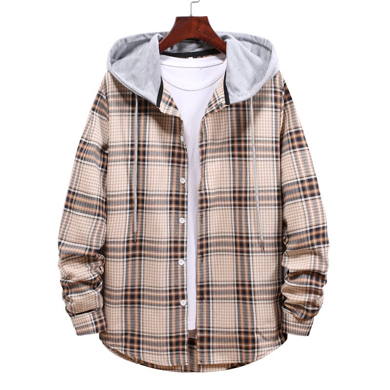 Plaid shirt mens autumn hooded coat long sleeve casual cardigan Foreign Trade mens large size European version spot HC01 Khakis 