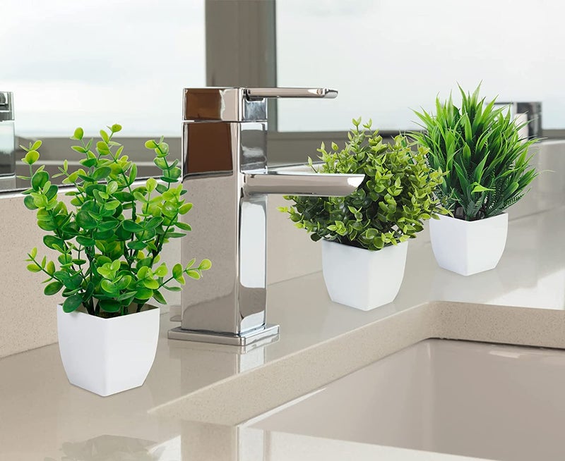 Dekorly Artificial Potted Plants, 3 Pack Artificial Plastic Eucalyptus Plants Small Indoor Potted Houseplants, Small Faux Plants For Home Decor Bathroom Office Farmhouse (Set 0F 3), White - Image 3