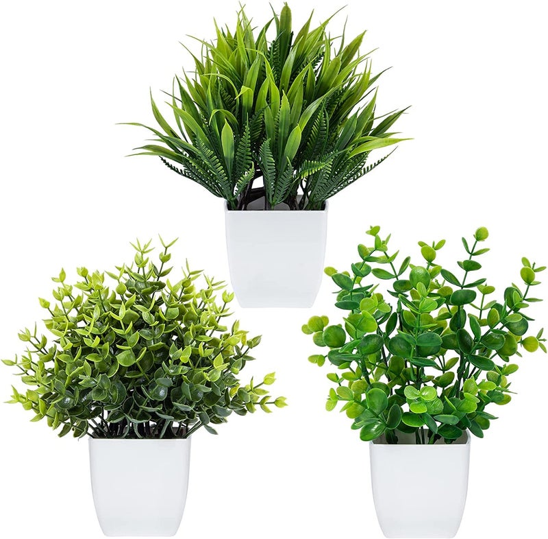 Dekorly Artificial Potted Plants, 3 Pack Artificial Plastic Eucalyptus Plants Small Indoor Potted Houseplants, Small Faux Plants For Home Decor Bathroom Office Farmhouse (Set 0F 3), White - Image 1
