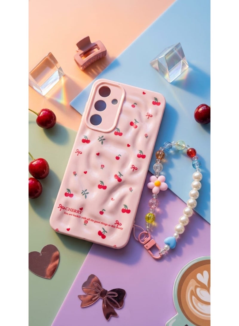 Cover with Anti-Lost Crystal Butterfly Samsung Galaxy A15 5G Beaded Wrist Strap, Unique Wrinkle Wave Design Protective Back Shell - Image 2