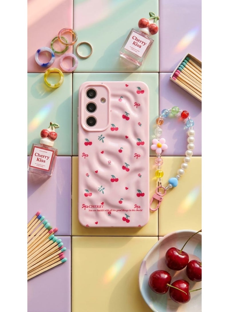 Cover with Anti-Lost Crystal Butterfly Samsung Galaxy A15 5G Beaded Wrist Strap, Unique Wrinkle Wave Design Protective Back Shell - Image 1