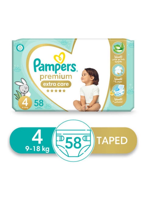 Premium EXTRA CARE Diapers, Size 4, 58 Baby Diapers