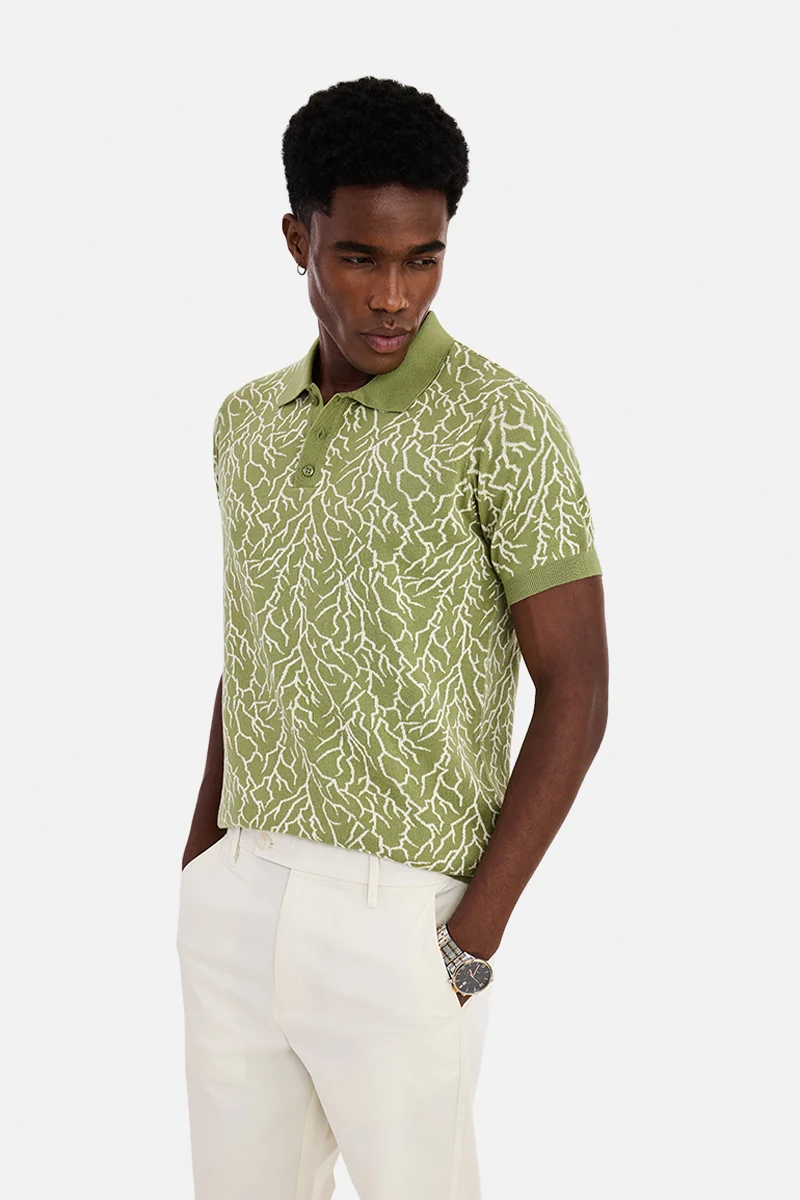 سنيتش Sage Green Abstract Half Sleeve Regular Fit Casual T-Shirt