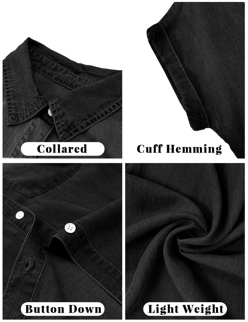 Zilcremo Women Denim Shirt Dresses Short Sleeve Distressed Jean Dress Button Down Casual Cotton Tunic Tops Black XXL - Image 5
