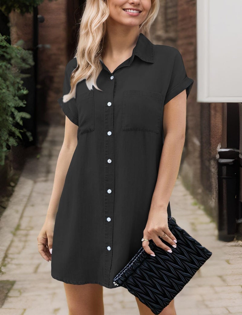 Zilcremo Women Denim Shirt Dresses Short Sleeve Distressed Jean Dress Button Down Casual Cotton Tunic Tops Black XXL - Image 4