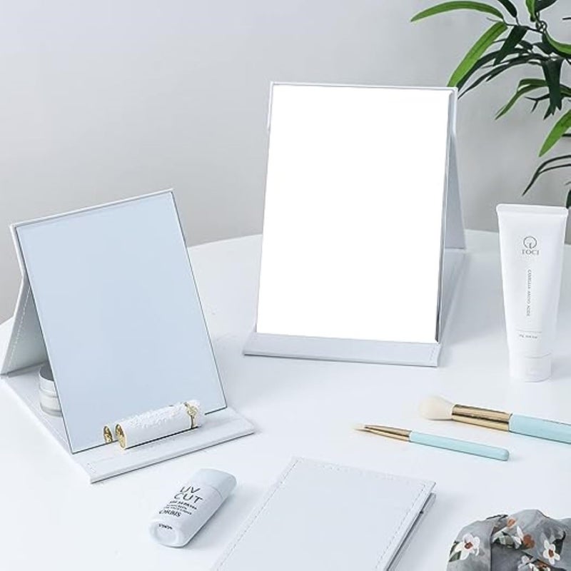 ONICORN Foldable Makeup Mirror with Stand Compact Portable Folding Free Standing Travel Vanity Mirror Frameless PU Leather WhitePack of 2 - Image 2