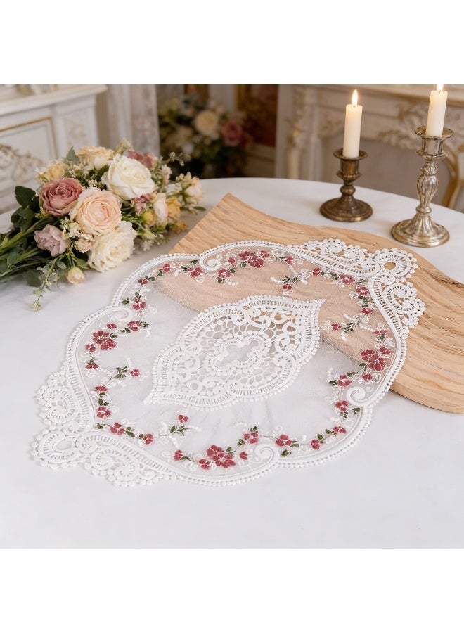 Hirospace Two vintage French lace tablecloths, accompanied by exquisite embroidered coasters and dust covers. These are tablecloths for home decoration, measuring 43×32 centimeters in size, in white color. - Image 1