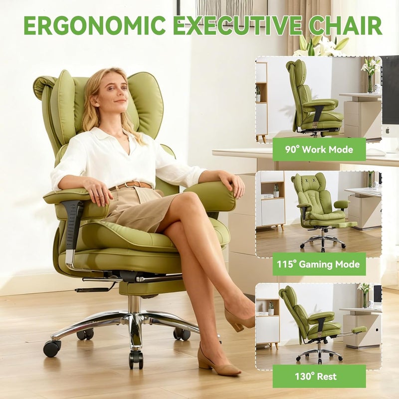 Efomao Big & Tall Office Chair, Executive PU Leather Desk Chair with Footrest, High Back Adjustable Computer Chair, Heavy Duty 180kg Swivel Chair for Home Office, Green - Image 4
