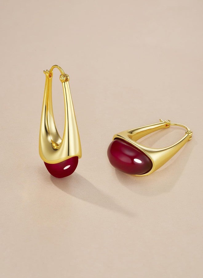 SNGIA Long Oval Chunky Dangle 18K gold plated Hoops with Colored Resin Gemstone Statement Earrings for Women by SNGIA, (Green, Brown, Blue, Pink, White, Cream), Bold Drop Handmade Exaggerated - Image 3