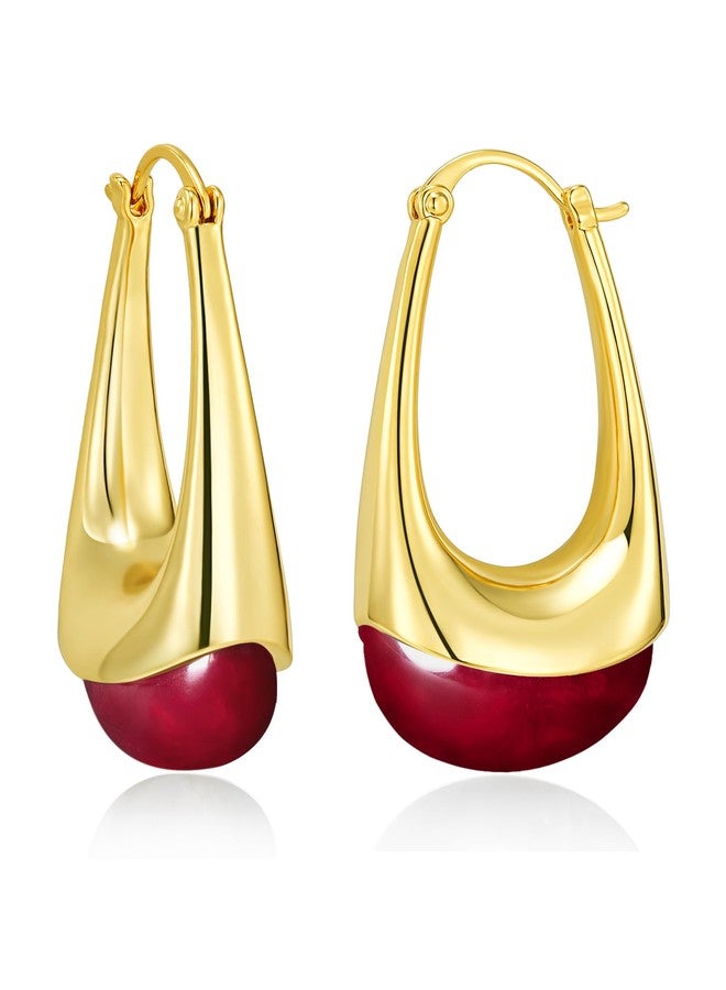 SNGIA Long Oval Chunky Dangle 18K gold plated Hoops with Colored Resin Gemstone Statement Earrings for Women by SNGIA, (Green, Brown, Blue, Pink, White, Cream), Bold Drop Handmade Exaggerated - Image 1