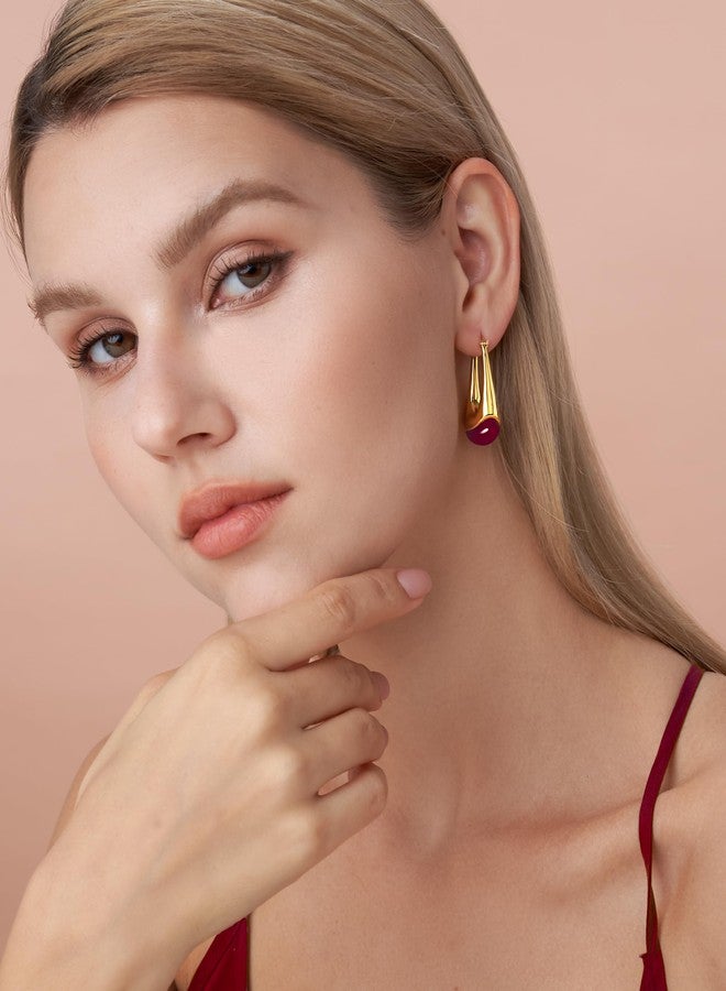SNGIA Long Oval Chunky Dangle 18K gold plated Hoops with Colored Resin Gemstone Statement Earrings for Women by SNGIA, (Green, Brown, Blue, Pink, White, Cream), Bold Drop Handmade Exaggerated - Image 2