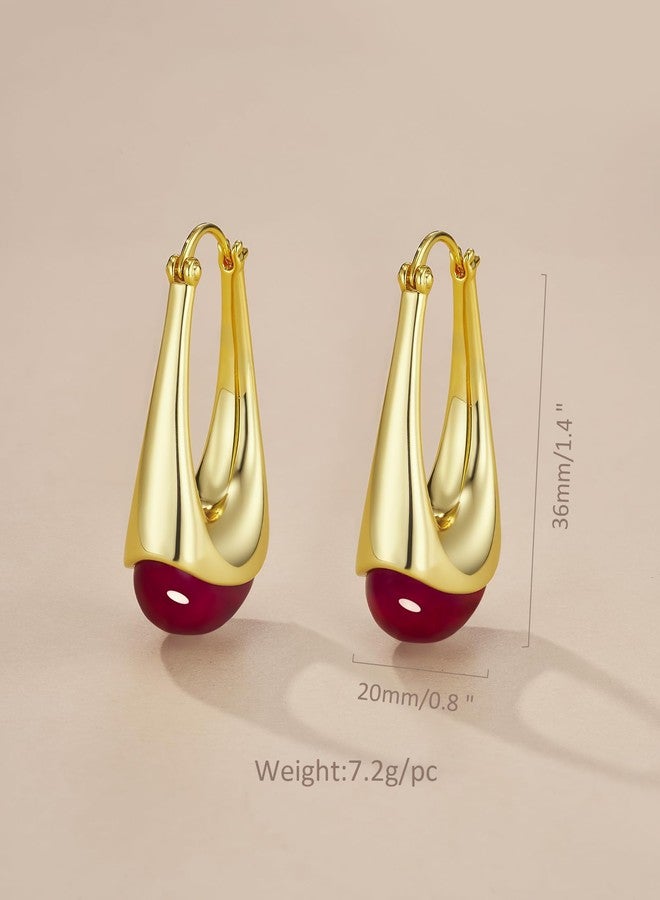 SNGIA Long Oval Chunky Dangle 18K gold plated Hoops with Colored Resin Gemstone Statement Earrings for Women by SNGIA, (Green, Brown, Blue, Pink, White, Cream), Bold Drop Handmade Exaggerated - Image 4
