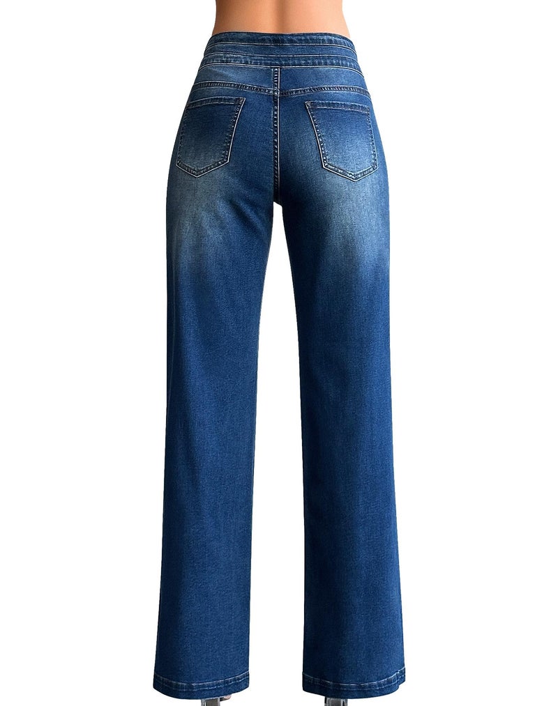 roswear Women’s Wide Leg Jeans Casual High Waisted Stretch Baggy Loose Denim Pants Blue Large - Image 2