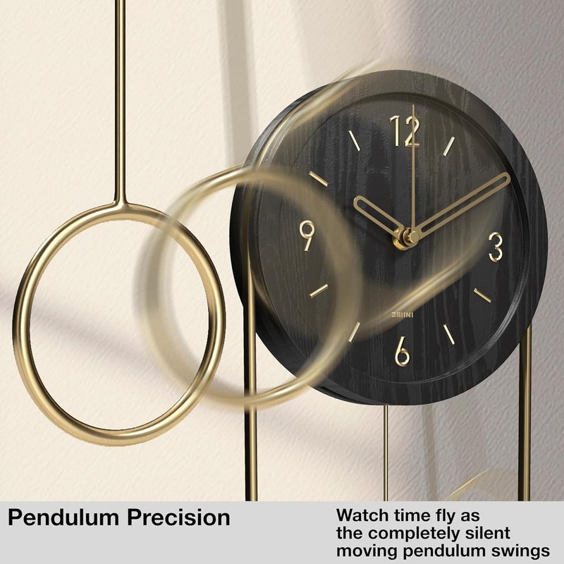 Driini Decorative Wall Clock with Pendulum (Black) – Modern Wood, 3D Gold Numbers, Metal Frame – Small, Unique Wall Clocks for Living Room Decor or Bathroom - Battery Operated, Silent, Non-Ticking - Image 1