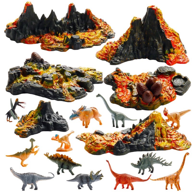 Aydinids 6 Pcs Mini Volcano Model with 12 Pcs Mini Dinosaur Figurines Plastic Dinosaurs Figurines Artificial Volcano Set for Dinosaur Cake Topper Birthday Gifts Party Supplies - Image 1
