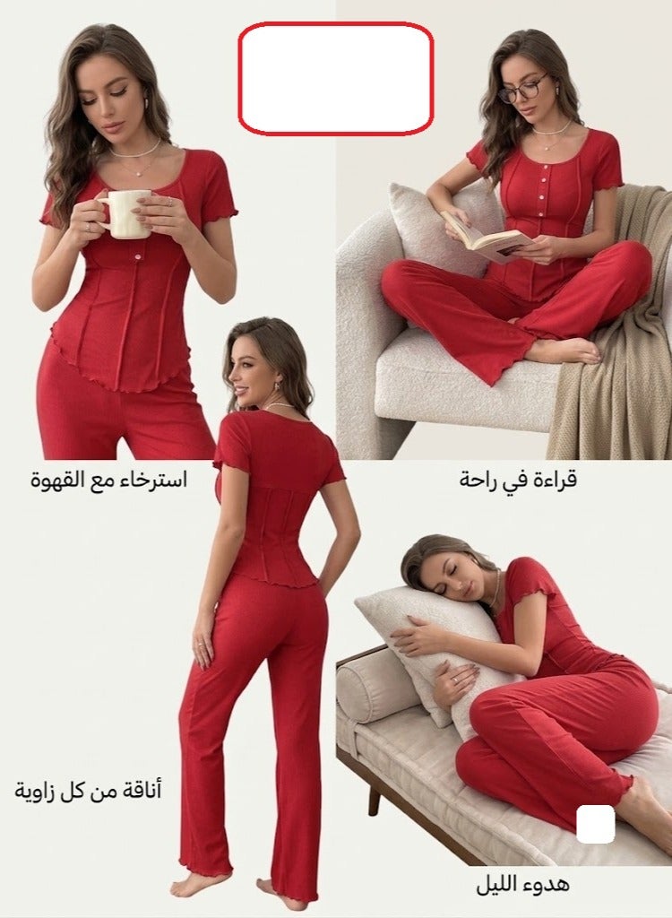طقم ملابس مريحة مضلع قطعتين للنساء - بلوزة بأكمام قصيرة وأزرار مع بنطال بقصة أرجل واسعة - لون الاحمر - Image 3