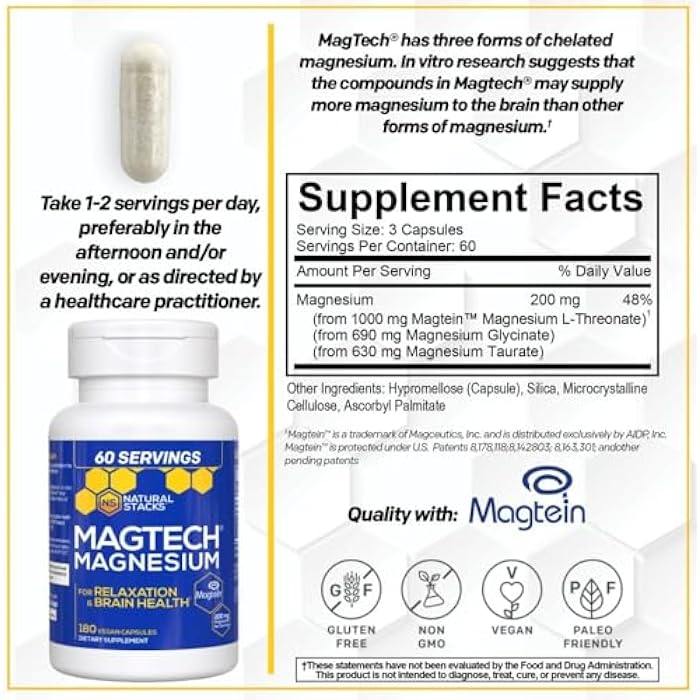 Natural Stacks MagTech Magnesium Supplement - 3 Forms of Magnesium: Magtein L-Threonate, Glycinate & Taurate - 200mg Chelated Magnesium Complex - Supports Relaxation & Brain Health - 180 Capsules - Image 4