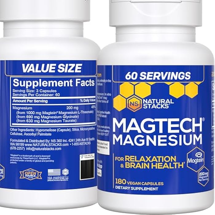 Natural Stacks MagTech Magnesium Supplement - 3 Forms of Magnesium: Magtein L-Threonate, Glycinate & Taurate - 200mg Chelated Magnesium Complex - Supports Relaxation & Brain Health - 180 Capsules - Image 1