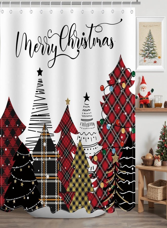 Mocsicka Merry Christmas Shower Curtain Red Plaid Christmas Tree Shower Curtain with 12 Hooks Winter Xmas Stars Snowflake Pine Forest Christmas Bathroom Decor Waterproof 72 x 72 Inch - Image 1