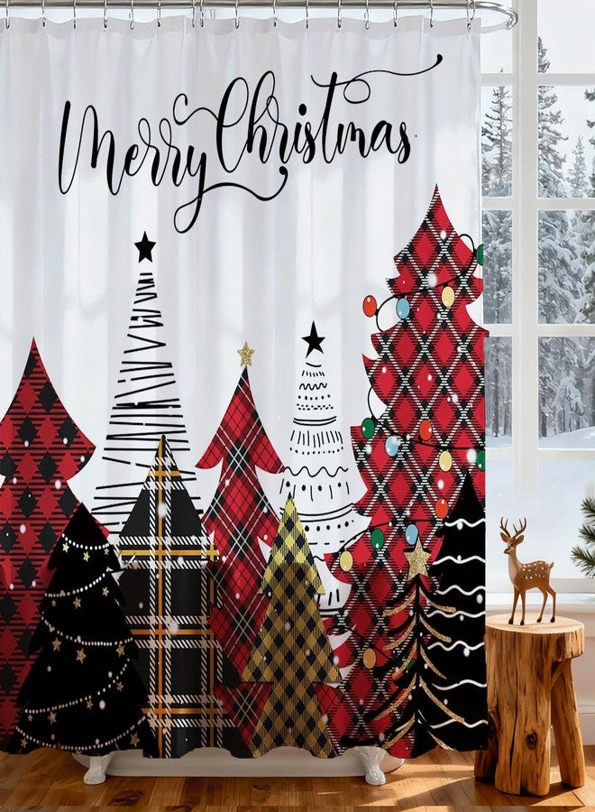 Mocsicka Merry Christmas Shower Curtain Red Plaid Christmas Tree Shower Curtain with 12 Hooks Winter Xmas Stars Snowflake Pine Forest Christmas Bathroom Decor Waterproof 72 x 72 Inch - Image 5