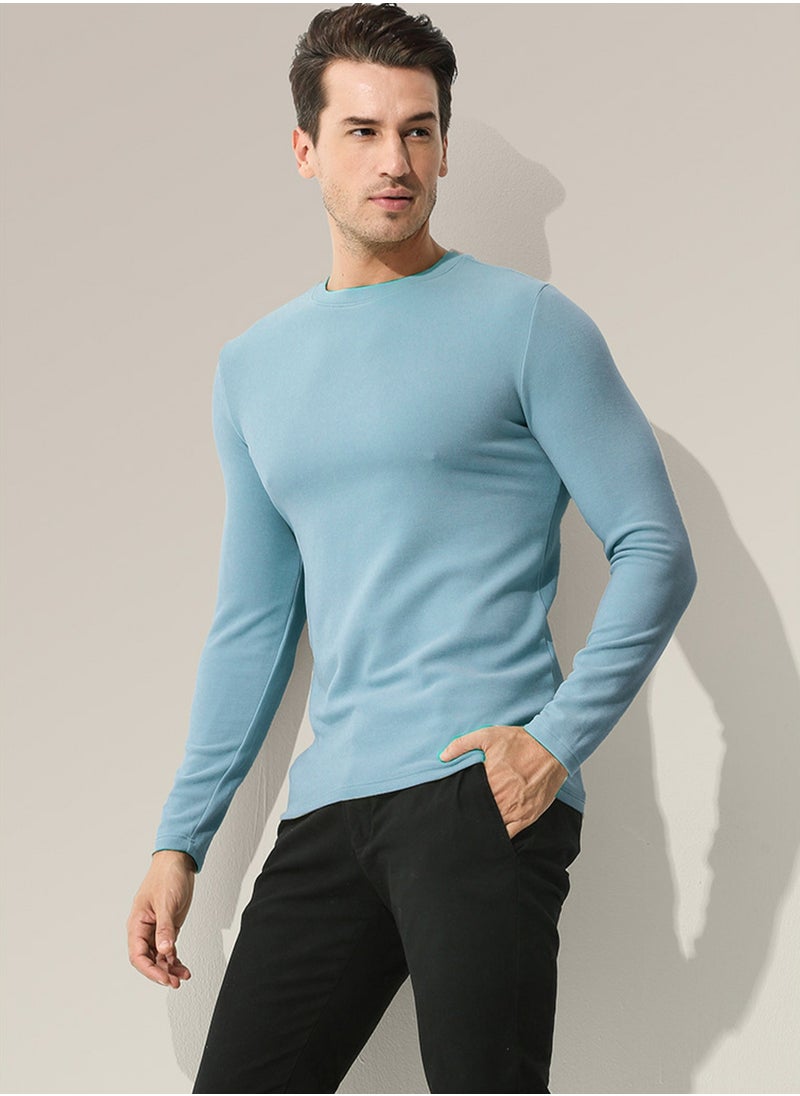 Loquat - Mens Solid Color Crew-Neck Thermal Underwear Shirt Cold Weather Thick Base Layer,Long Sleeve T-Shirt Loungewear Blue - Image 1