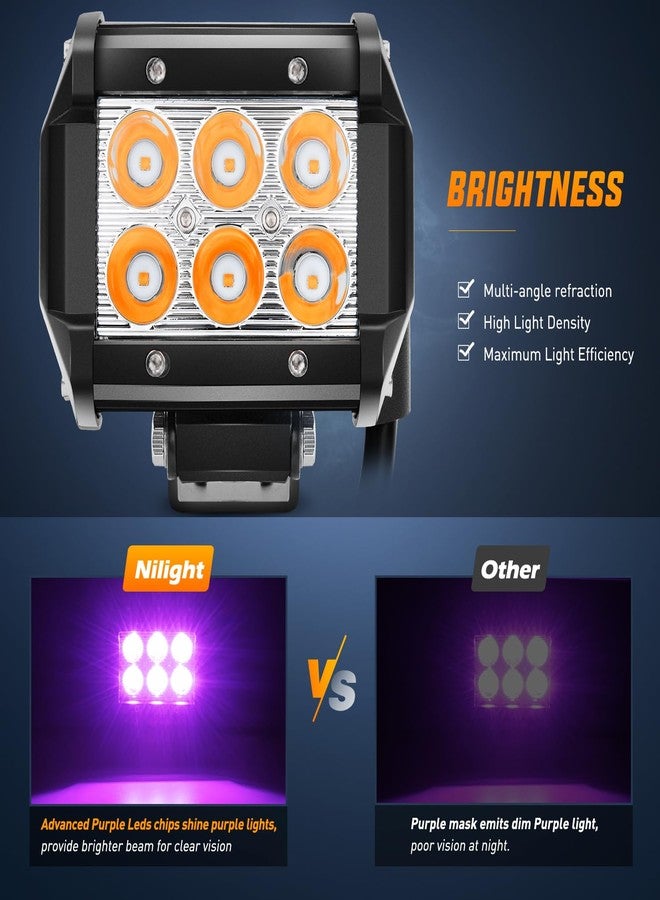 Nilight 4 Inch LED Light Pods Purple Spot Beam Driving Decoration Neon Bar 2PCS 18W Off Road 12V 24V Lighting for Truck ATV UTV SUV RV Pick-up Van Boat - Image 3