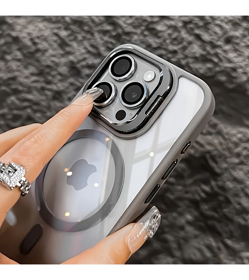 هاتف من إطار معدني مغناطيسي مع حامل حماية للعدسة، ثلاثة في واحد لهاتف iPhone 16 Pro Max، هيكل صلب من الأكريليك الأسود المضاد للسقوط - Image 5