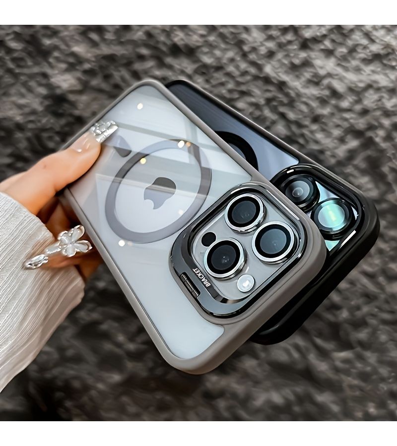 هاتف من إطار معدني مغناطيسي مع حامل حماية للعدسة، ثلاثة في واحد لهاتف iPhone 16 Pro Max، هيكل صلب من الأكريليك الأسود المضاد للسقوط - Image 4