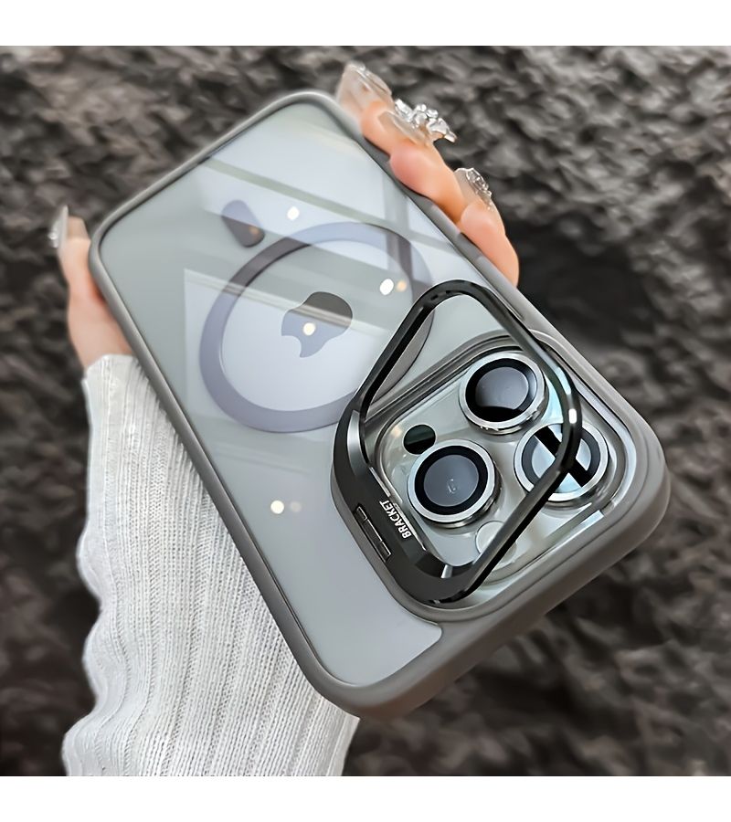 هاتف من إطار معدني مغناطيسي مع حامل حماية للعدسة، ثلاثة في واحد لهاتف iPhone 16 Pro Max، هيكل صلب من الأكريليك الأسود المضاد للسقوط - Image 1