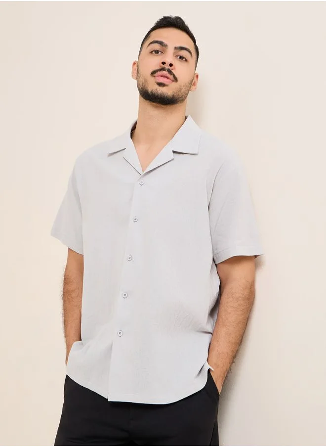 Styli Cotton Textured Resort Collar Relaxed Shirt