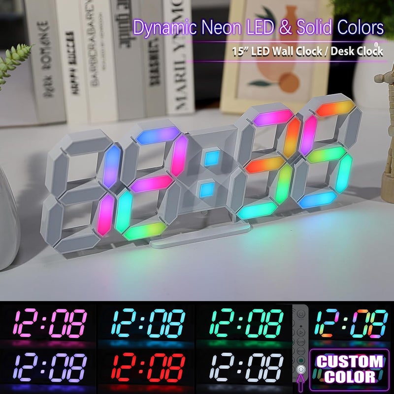 KOSUMOSU ساعة حائط LED 15 بوصة ساعة LED رقمية RGB لديكور غرفة المعيشة، ساعات غرفة ألعاب عرض كبير، تعتيم/12/24 ساعة وقت/تاريخ/درجة حرارة/جهاز تحكم عن بعد (ساعة بيضاء مع ضوء نيون) - Image 5