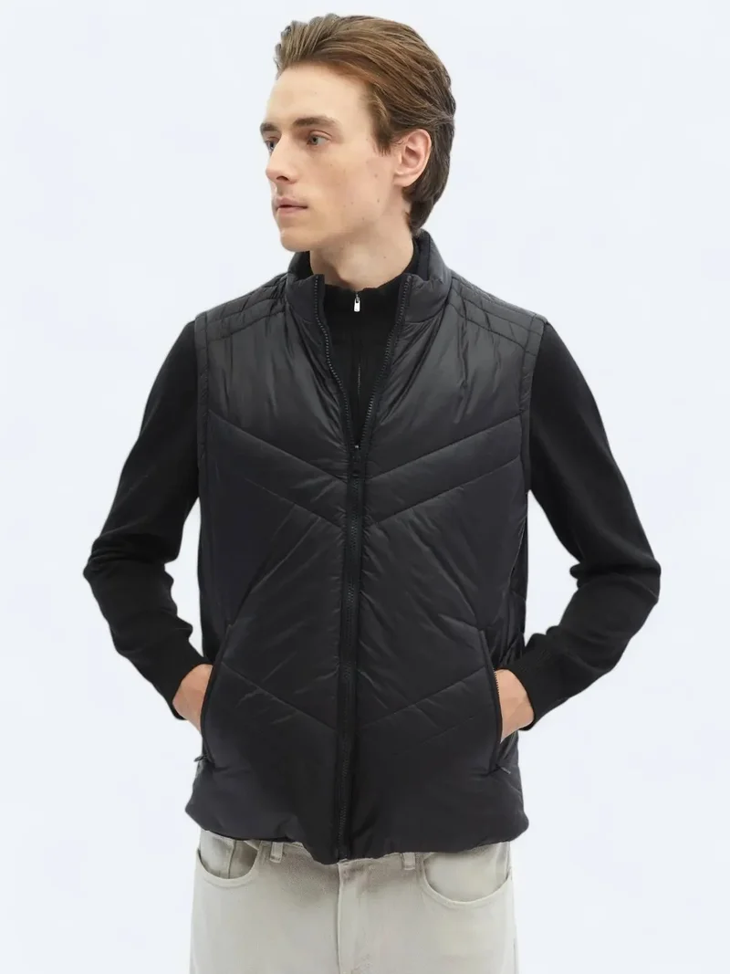 Kip Black Regular Fit Hidden Hood Casual Weaving Puffer Vest