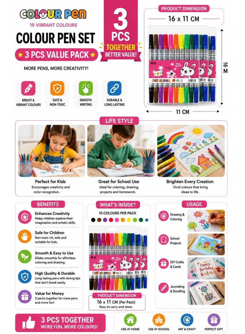 Colour Pen Set 10 Colours (Pack of 3) | 30 Vibrant Marker Pens | Kids Drawing, Coloring, School & Art Supplies - Image 1