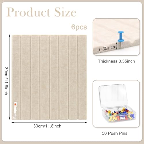 Climberty® 6-Piece Felt Board Bulletin Board,30x30cm Self-Adhesive Wall Panel,with 50 Pushpins Felt Message for Notes Photos and Schedules (Beige) - Image 2