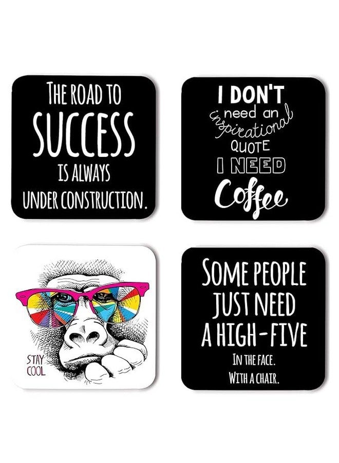 OUTFITQUE Funny Quotes Inspired Printed Coasters with Beautiful Metal Stand/Holder (MDF Wooden, Set of 4, 3.5x3.5 Inch, Square) for [ Tea/Coffee/Mug/ ] Quotes, Funny (Multi 2) - Image 1