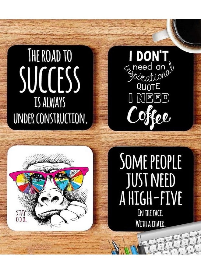 OUTFITQUE Funny Quotes Inspired Printed Coasters with Beautiful Metal Stand/Holder (MDF Wooden, Set of 4, 3.5x3.5 Inch, Square) for [ Tea/Coffee/Mug/ ] Quotes, Funny (Multi 2) - Image 2