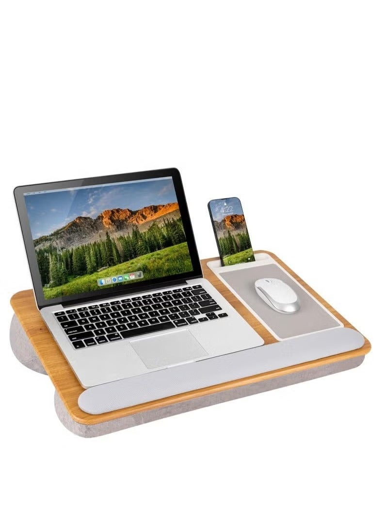 ELTRAZONE Multifunctional Portable Laptop Work Surface with Memory Foam Cushion, Integrated Mouse Pad, Wrist Support Bar & Mobile Holder – Oak Wood Lap Table for Laptops up to 15.6” – Ergonomic Laptop Desk for Bed, Sofa, Travel & Remote Work Comfort - Image 1