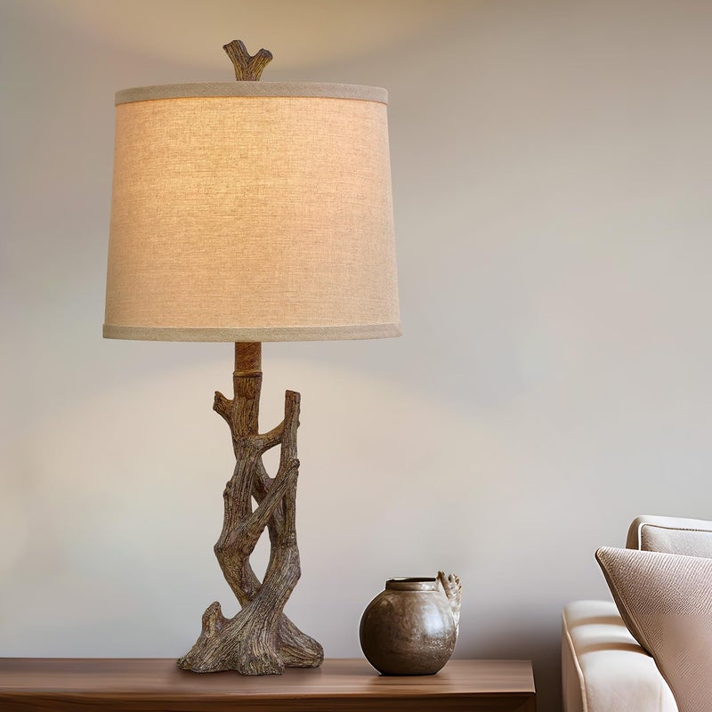 OYEARS 23" Rustic Farmhouse Table Lamp Country Cottage Lamps for Nightstand Tree Trunk Wood Grain Lamp for Bedroom Living Room with Oatmeal Fabric Round Shade Resin Bedside Lamp - Image 4