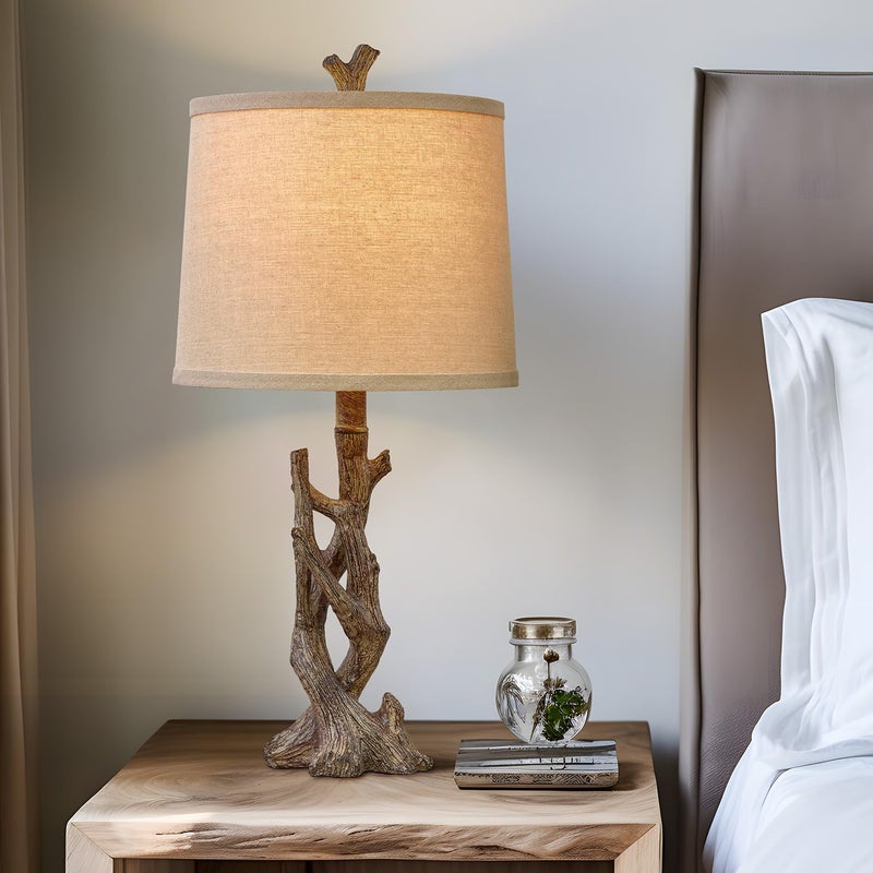 OYEARS 23" Rustic Farmhouse Table Lamp Country Cottage Lamps for Nightstand Tree Trunk Wood Grain Lamp for Bedroom Living Room with Oatmeal Fabric Round Shade Resin Bedside Lamp - Image 5