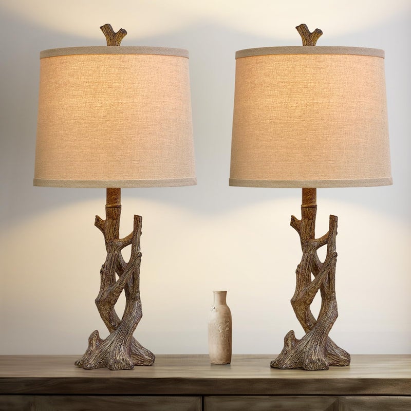 OYEARS 23" Rustic Farmhouse Table Lamp Country Cottage Lamps for Nightstand Tree Trunk Wood Grain Lamp for Bedroom Living Room with Oatmeal Fabric Round Shade Resin Bedside Lamp - Image 1