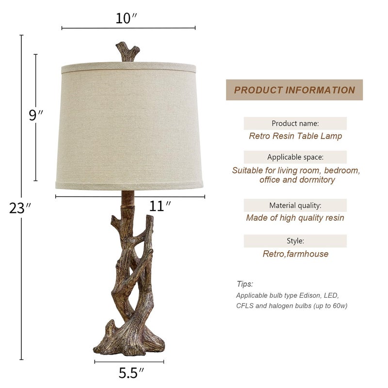 OYEARS 23" Rustic Farmhouse Table Lamp Country Cottage Lamps for Nightstand Tree Trunk Wood Grain Lamp for Bedroom Living Room with Oatmeal Fabric Round Shade Resin Bedside Lamp - Image 2