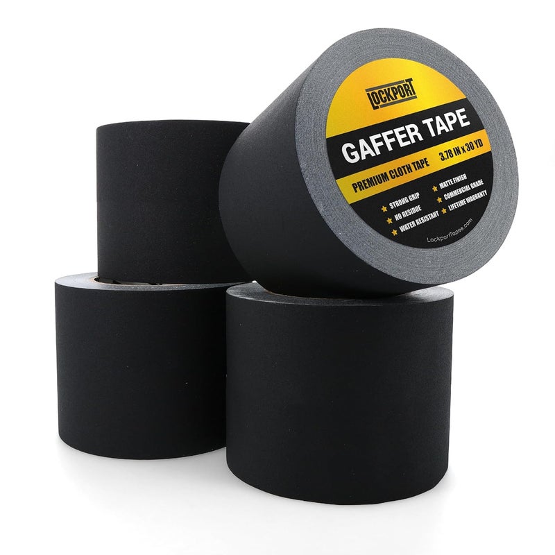 Lockport Black Gaffers Tape 4 inch x 30 Yards - 4 Pack Pro Black Gaff Tape - No Residue, Water Resistant, Non- Reflective, Easy Tear - Multipurpose Photography, Filming, Stage, Production, and More - Image 1