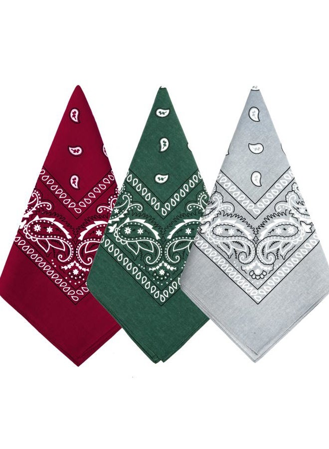 Bycc Bynn 3 Pack 100% Cotton Paisley Pattern Bandanas Square Scarf Headwear (Burgundy + Dark Green + Light Grey) - Image 1