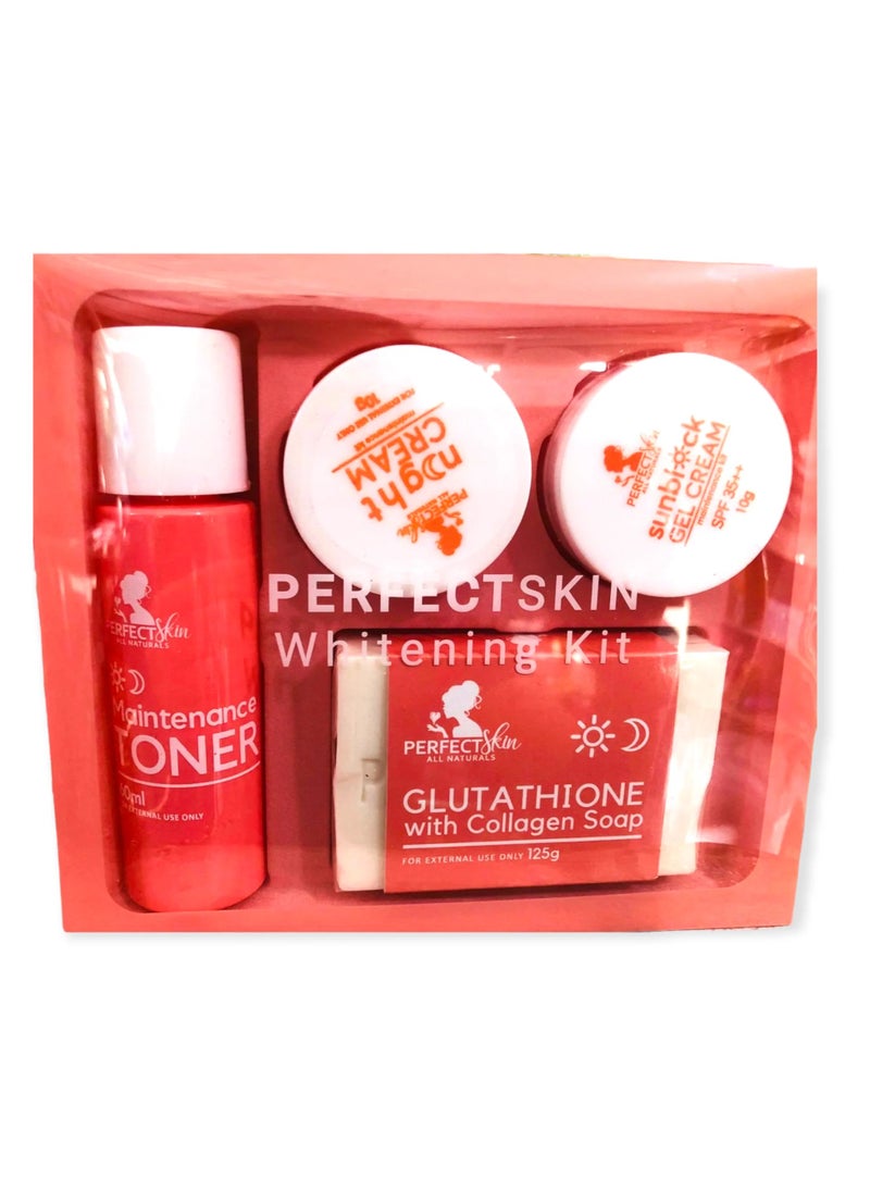 Perfect Skin Whitening Kit Maintenance, Tailored for Promoting Radiance, Hydrates, Balances, and Prevents Future Damage. Set Includes, Collagen Soap, Night Cream, Sunblock Cream SPF 35, and 60ml Toner. 