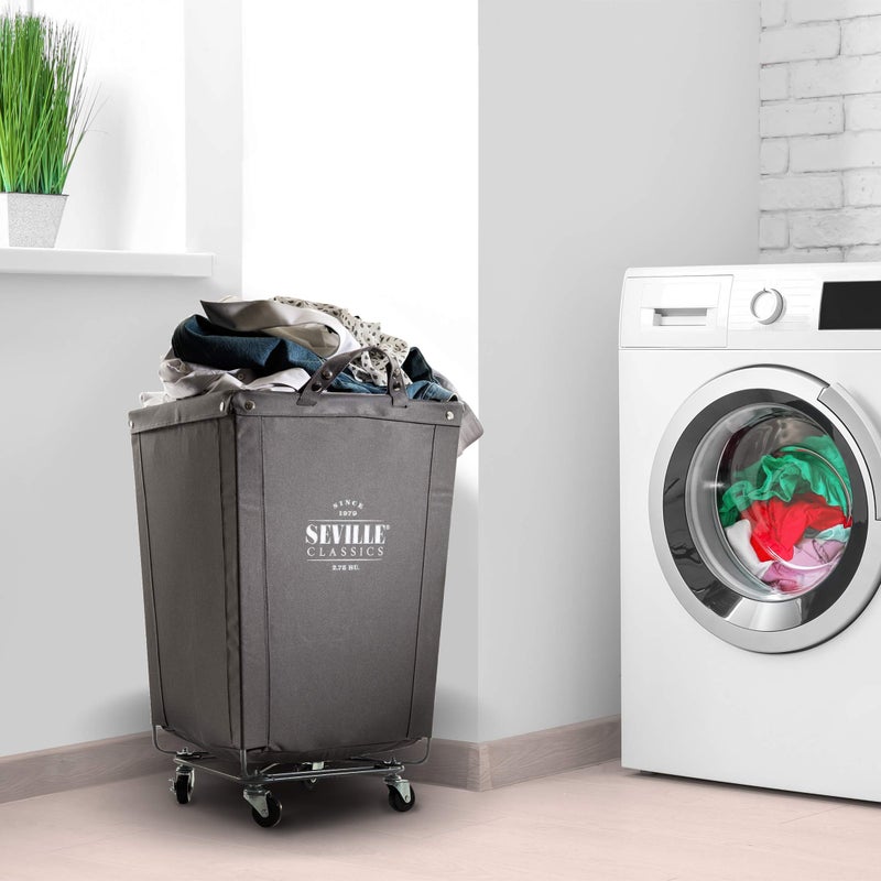Seville Classics Large Commercial Heavy Duty Rolling Steel Frame Laundry Hamper Canvas Cart Bin w/Wheels for Hotel, Home, Closet, Bedroom (Patented), 18.1" D x 18.1" W, Gray - Image 3