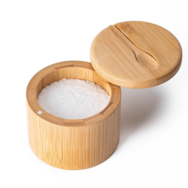 Husfunov Bamboo Salt Cellar, Salt Box with Magnetic Swivel Lid, Spice Box with Spoon, Round Salt Container for Storing Salt Pepper Sugar Herbs,6 Ounce Capacity - Image 1