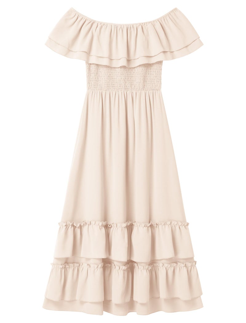 AWIBMK Mother Daughter Matching Boho Mommy and Me Dress Summer Casual Off Shoulder Smocked Tiered A-Line Maxi Dress Apricot 3-4 Years - Image 2
