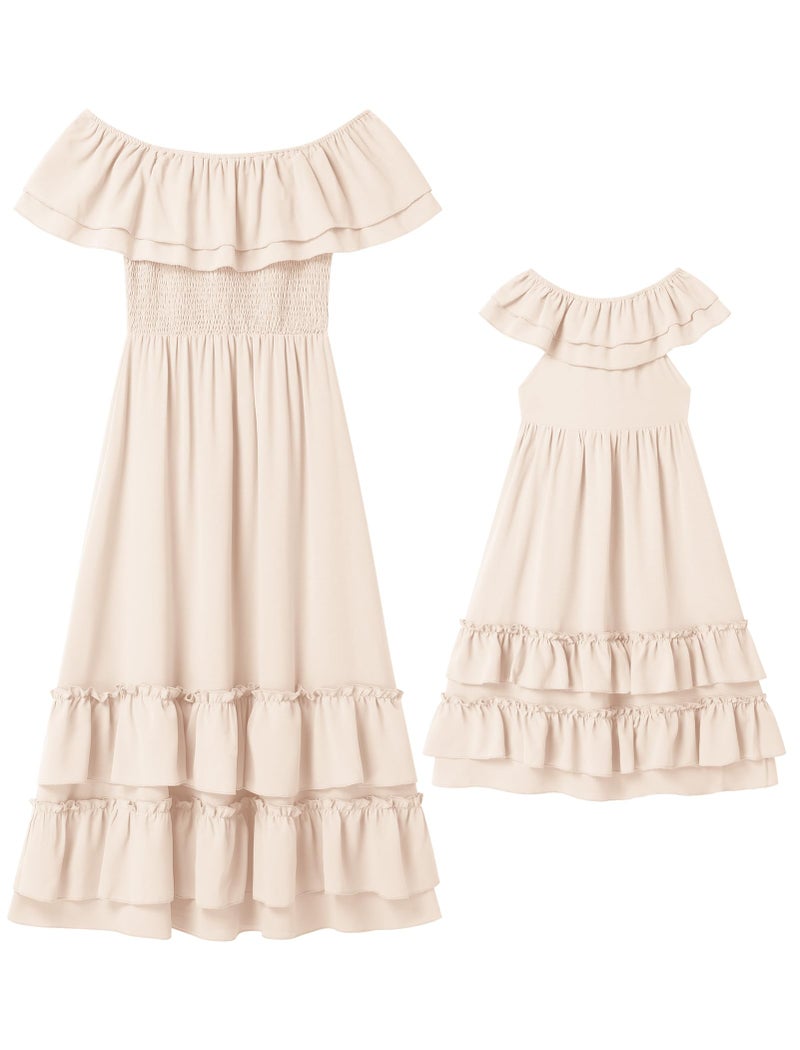 AWIBMK Mother Daughter Matching Boho Mommy and Me Dress Summer Casual Off Shoulder Smocked Tiered A-Line Maxi Dress Apricot 3-4 Years - Image 1