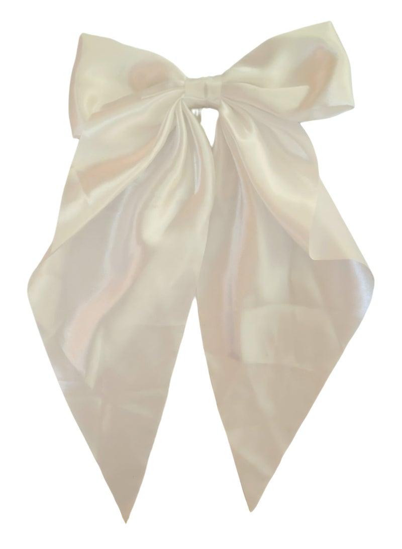 Satin Single Layered Off White Hair Bow Barrette - Image 1